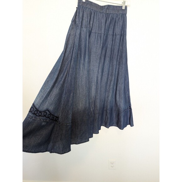 Lapis Maxi Skirt Womens Size S Blue Embroidered Chambray Western Flowy Rodeo New - Picture 6 of 13